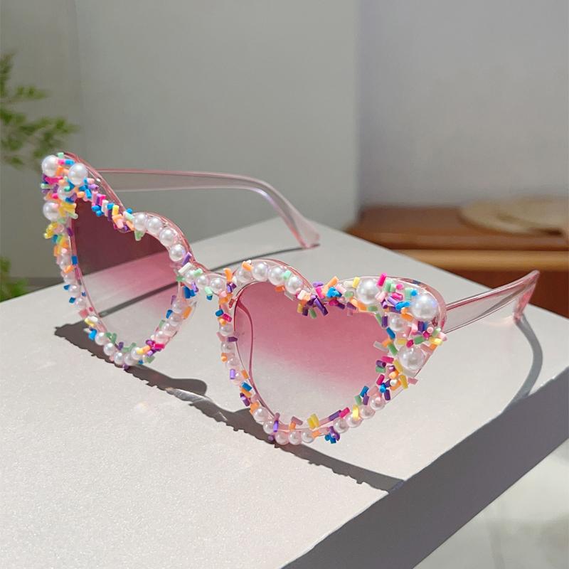 Heart Shape Sunglasses with Pearls and Jimmies Fashion Cute Gradient Multi-color Decor Shades Trendy Original Sun Glasses