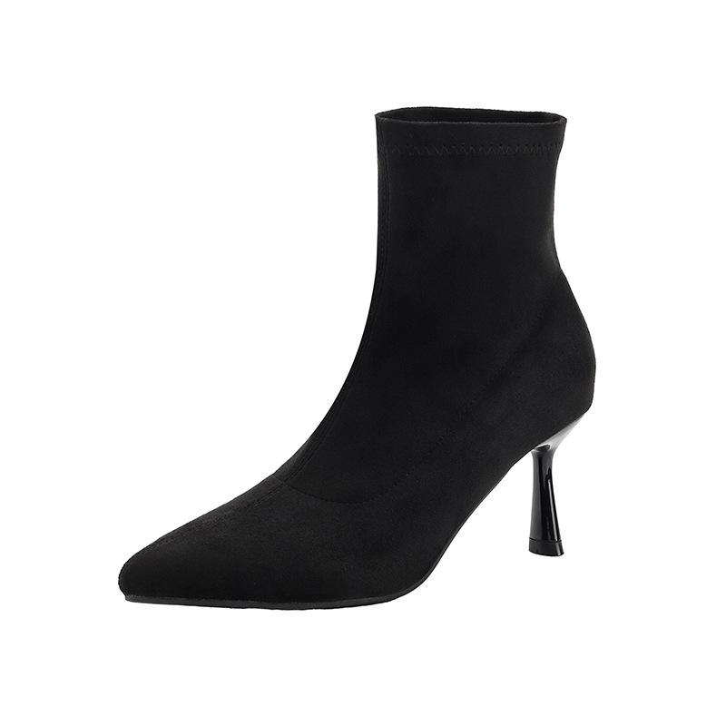 2025 autumn and winter Korean version fashion temperament pointed head high heel elastic thin boots suede commuting elegant thin heel short boots wo