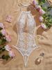 Women's Fancy Daisy Embroidery Sexy Lingerie Open Bra  Teddy Hollow Deep V Halter Backless Bodysuit Lace Crotchless Underwear