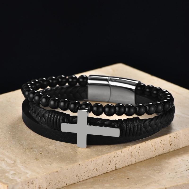 Herren Edelstahl Kreuz Anhänger Geflochtenes Kunstleder Armband Street Style Geometrischer Charm Armband Tägliches Tragen