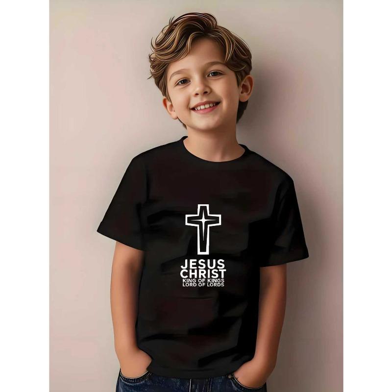 European sizes Boys Jesus Christ Graphic T-Shirt - King of Kings Design, Bright Orange, Crew Neck, Summer Casual 98cm чёрный