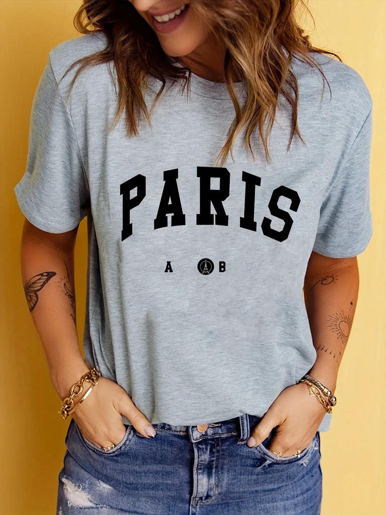 Paris Letter Print Unisex T-shirt Casual Crew Neck Short Sleeve Top WoUnisex Clothing Female Tops Tees