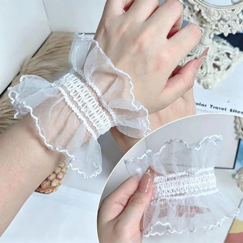 1/2Pcs Soft Sheer White Lace Mesh Tulle Gloves Fake Pleated Cuff Anti-Scratch Manicure Props for Nail Art Display