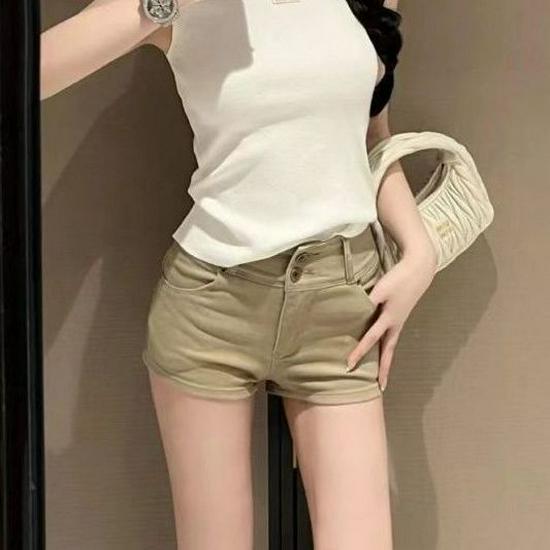 Khaki Women s Low-Rise A-Line Denim Shorts with Butt-Enhancing Design S