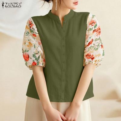 Women Casual Stand Collar Loose Half Sleeve Blouse