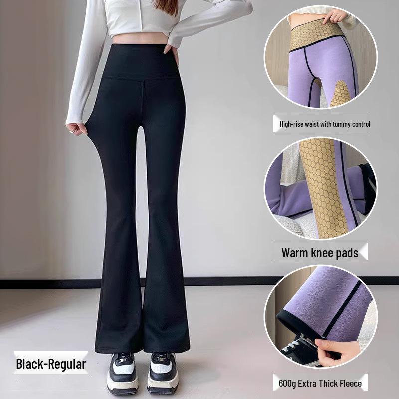 High-Waisted Fleece-Lined Shark Fin Micro-Flare Yoga Pants for Autumn/Winter Warmth