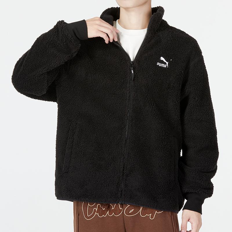 Puma Classics Sherpa Jacket Solid Color Fleece Logo Sports Casual Stand Collar Lamb Fleece Jacket Men Jacket Black 537699-01