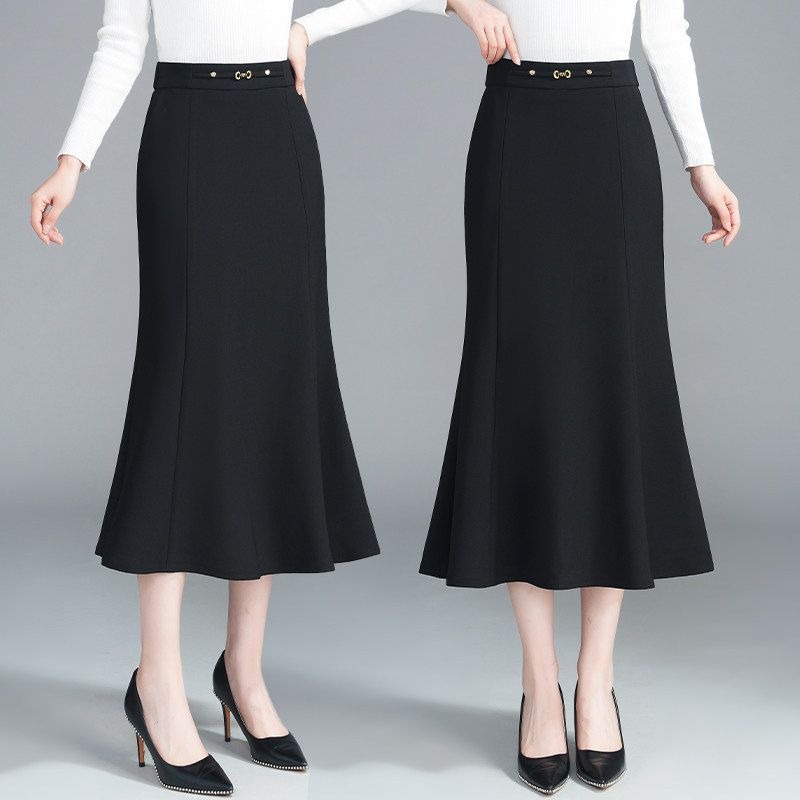 Black Fishtail Skirt for Women, Spring, Autumn, and Winter 2026 New High-Waisted Long Pencil Skirt with a Draping A-Line Silhouette Black DE30