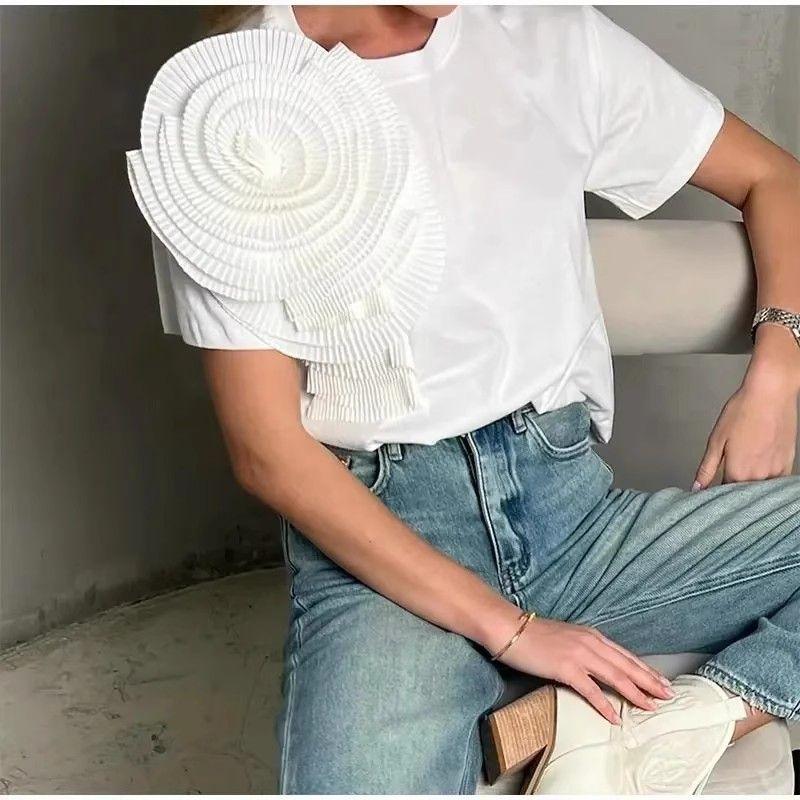 Spring New Women's Clothing French Sweet Casual Easiest for Match O-neck Short Three-Dimensional Flower Pure Color Short Sleeve T-shirt