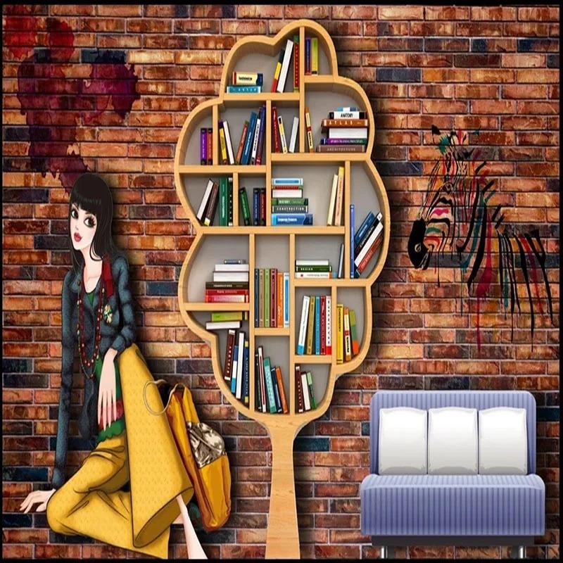 3d Murals Nostalgic Brick Wall Bookcase Cartoon Wallpaper Beauty Clothing Store Tooling Wall Murals