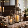 NUPTIO Vintage Lanterns Decorative Indoor: 9.5 inches Tall Hanging Farmhouse Metal Lantern Decor with Glass - Gold Distressed Candle Holder for