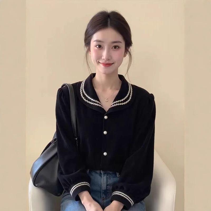 Элегантный женский черный бархатный кардиган с контрастной отделкой - Французский высококачественный зимний нишевый дизайн Small