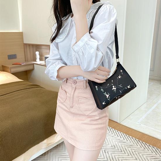 Floral Embroidered Underarm Bag Faux Leather Shoulder Bag Ladies Handbag Shoulder Purse for Party Street Work