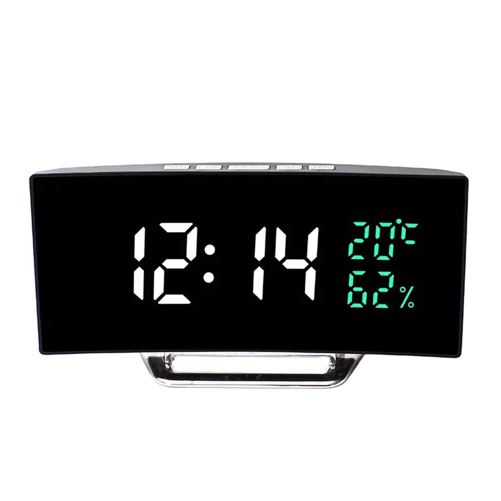 Compact LED alarm clock with digital time temperature and humidity display and adjustable brightness for night
