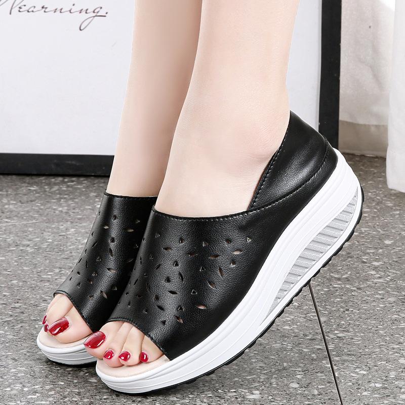 Genuine Leather Women's Sandals Summer Platform Wedges Ladies Shoes Hollow Out Breathable Women Sandals Slippers