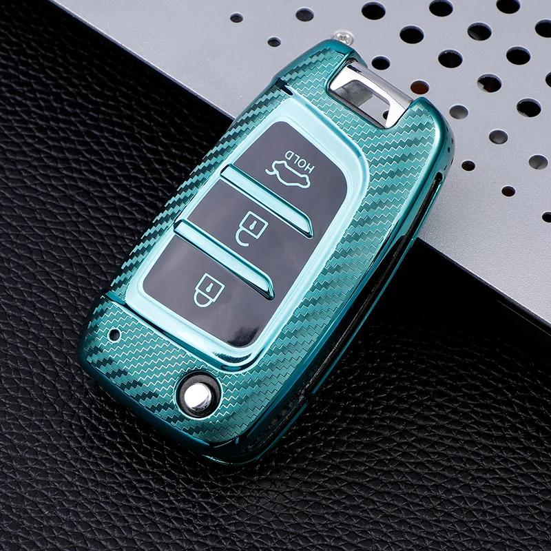 Carbon Fiber TPU Car Flip Key Case Cover for Hyundai Elantra Solaris Tucson I30 I35 I40 KONA Genesis Santa Fe Azera Holder Shell