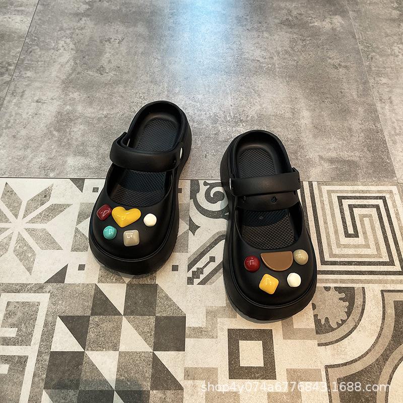 Mary Jane Slippers Women's Summer Wear Non-slip Thick-soled New Hole Shoes Bag Head Half-drag Sandals