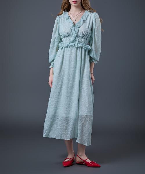 Sitipabjeu [Cp] Rough Shirring Lovely Maxi Long Dress [Blue]