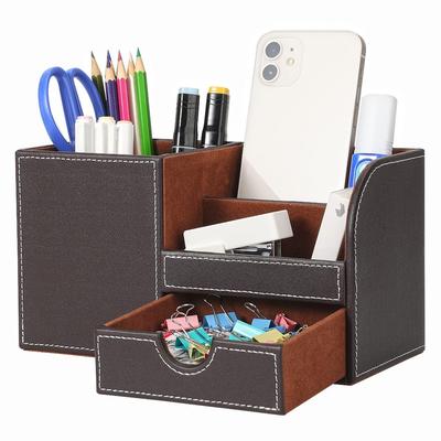 KINGFOM PU Leather Desk Stationery Organizer with Storage Remote Control and Small Drawer Box, Pen/Pencil Stand, Holder, (Brown)