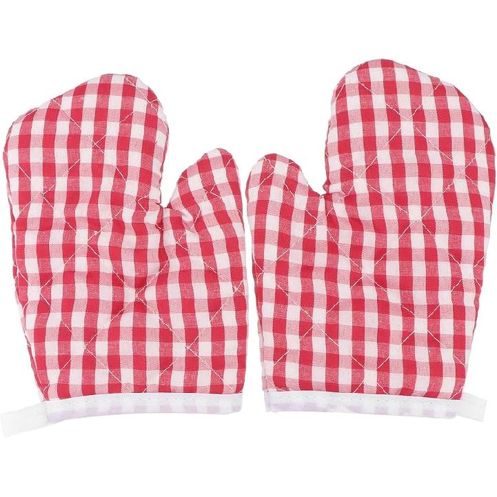 Oven Mitts for Kids, Red Grid Kitchen Gloves Heat Resistant for Cooking Baking Microwave