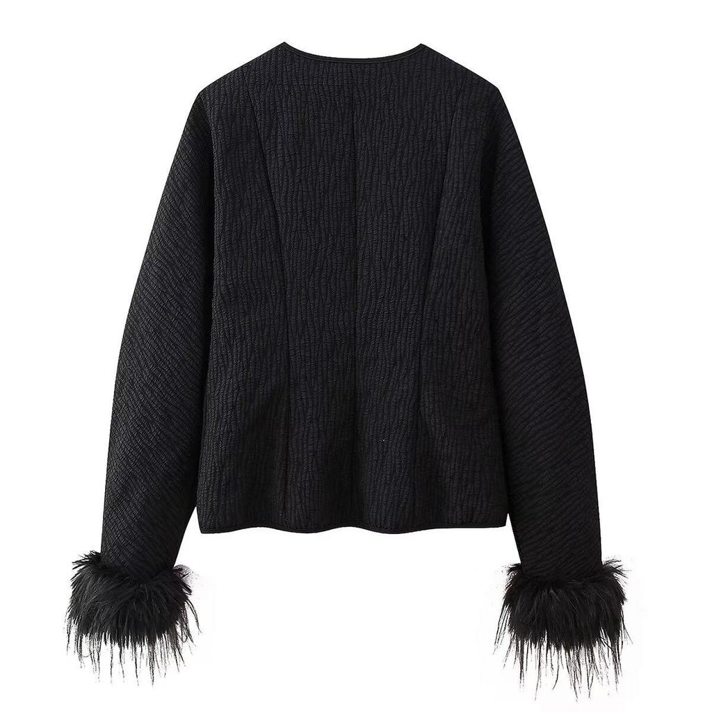 European & American Women's Trendy Street Style Fur Splicing Cardigan Jacket.
