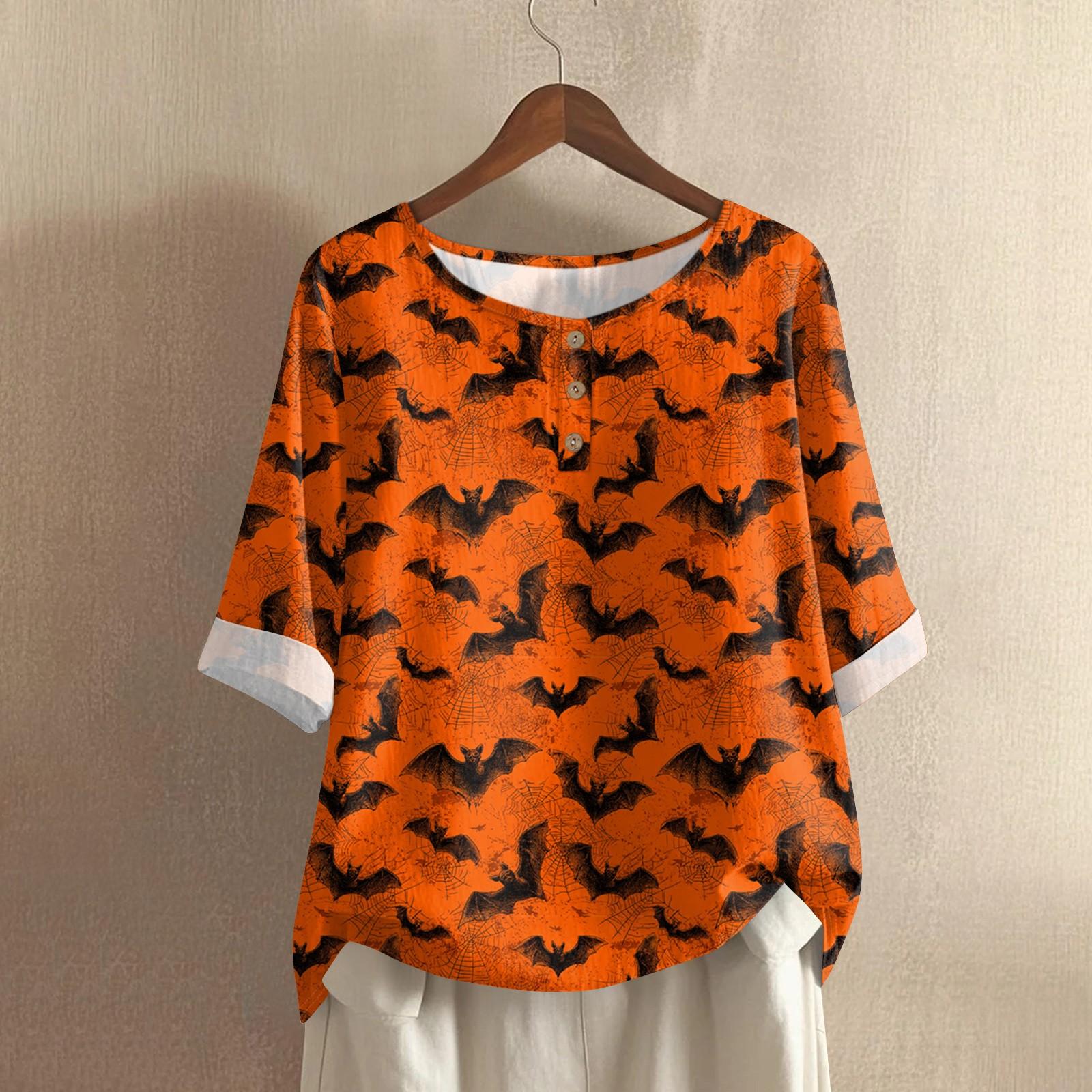

Женский повседневный топ с рукавами средней длины, круглым вырезом, с принтом на Хэллоуин, из хлопка и льна L