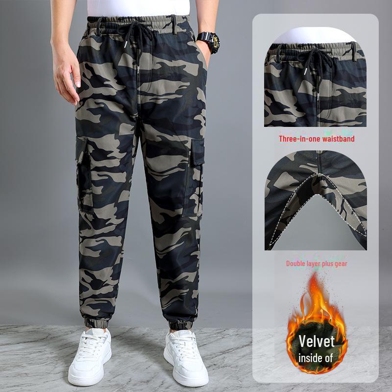 Męskie Grube Odporne na Ścieranie Spodnie Robocze w Kamuflażu - Casualowe i Luźne, z Dodatkiem Weluru na Zimę