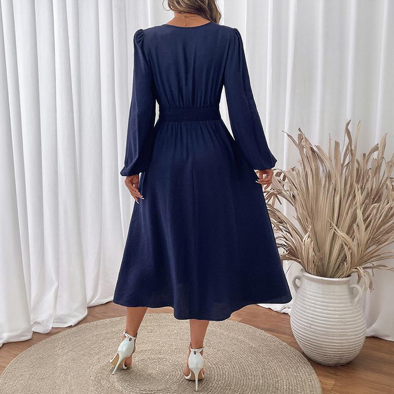 Women's Fashion Spring Fall Flower Pattern Print Long Sleeve V-Neck High Waist Casual Dresses