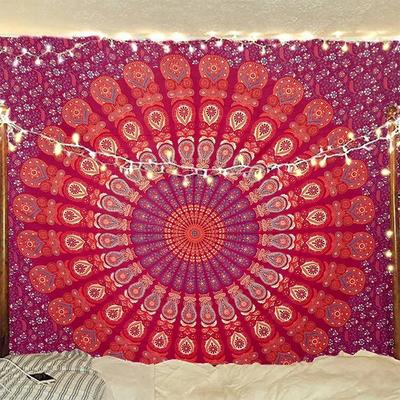 Indian Hippie Bohemian Psychedelic Golden Blue Peacock Mandala Wall Hanging Fine Art Home Decor Tapestry
