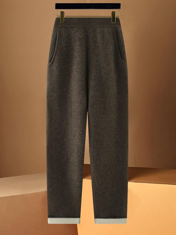 100% Wool High Waist Slimming Knit Pants: Fashionable Solid Color Elastic Skinny Pants for Women, Autumn Winter Collection