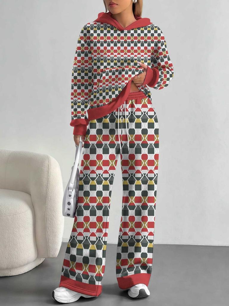 Square Splicing European, American Autumn and Winter Casual Long-sleeved Suit Women's Hooded Sweater Trousers Two-piece Set