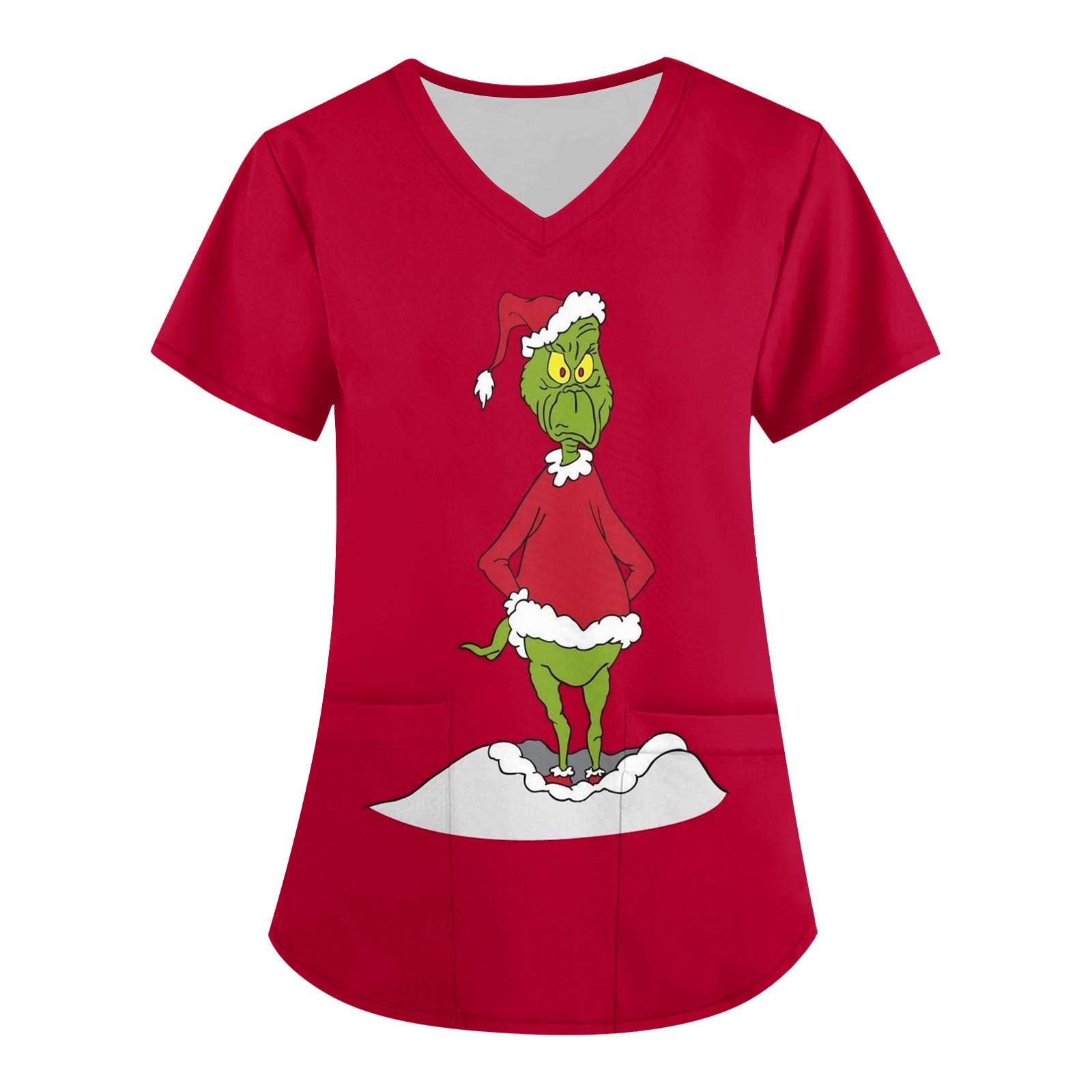 

Женская модная рабочая одежда с v-образным вырезом, короткими рукавами и карманами, топы с рождественским принтом XXXL красный