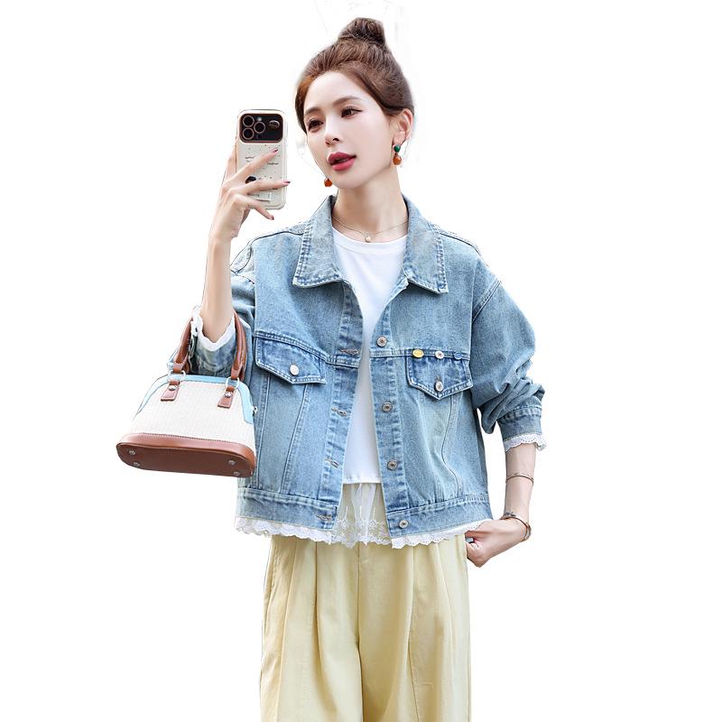Women's Lace Patchwork Denim Jacket - Spring 2025 Fashion, Color Block, Loose Fit, Casual Long Sleeve Top