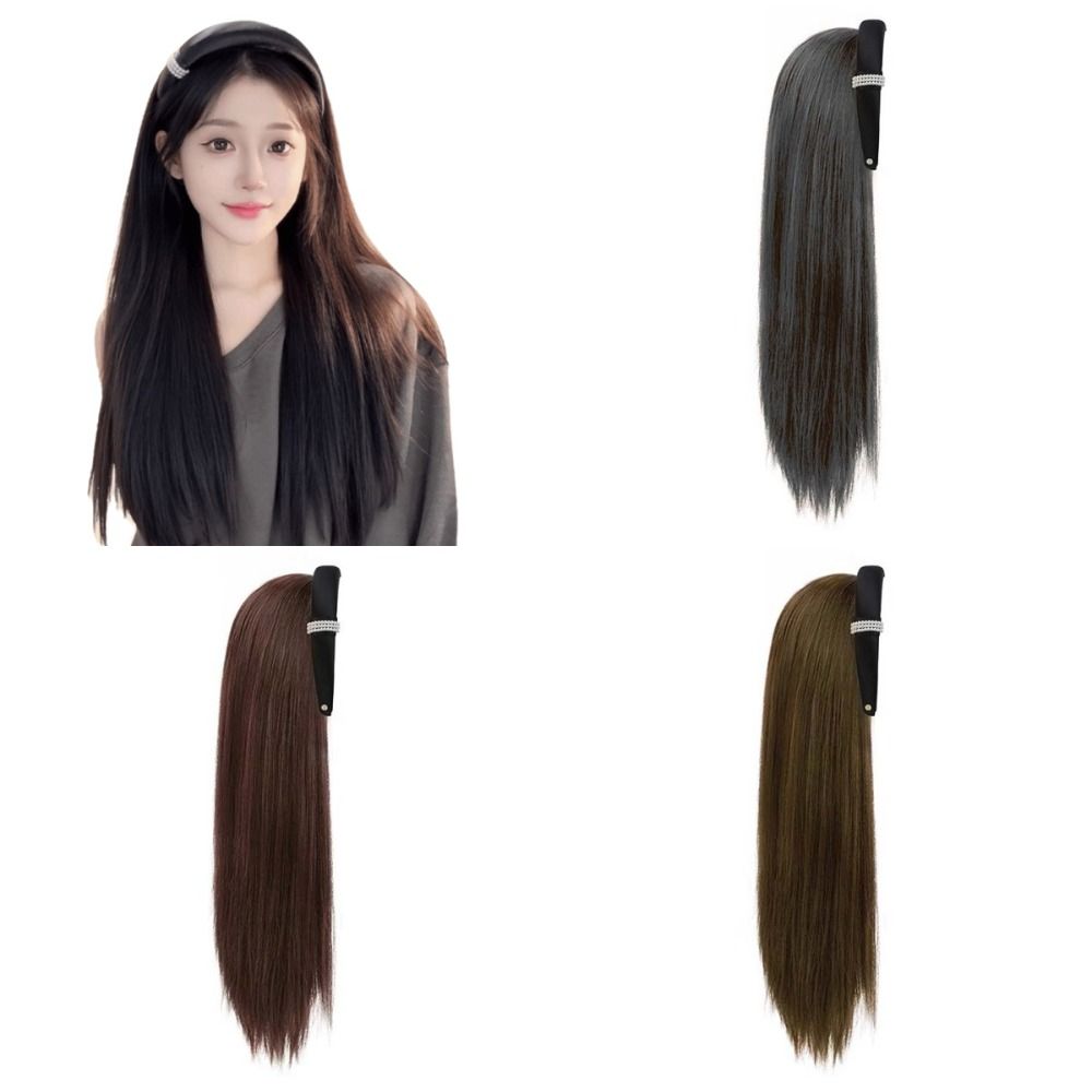Clip in Half Headband Wig Hair Hoop Long Straight Hair Simulated Pearl Headband Wig  Party