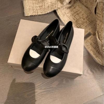 Round Head Bow Leather Mary Jane Single Shoes Women's Ballet Flat-soled Small Leather Shoes