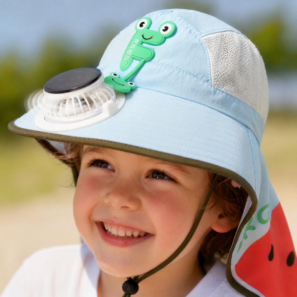 Kids Hat Fan Cap Kids Sun Cap with Built-in Solar Fan Wide Brim Sun Protection Hat Breathable Mesh Summer Hat with Cartoon
