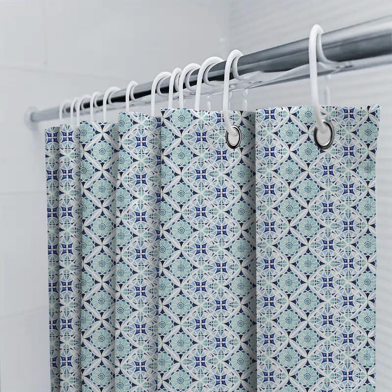 Blue White Geometric Shower Curtain With Floral Pattern For Bathroom Decorations Customizable Sizes Available On  Perf