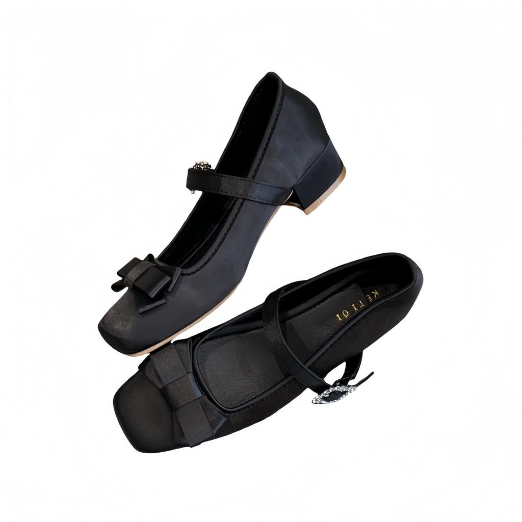 Sweet bow high-heeled Mary Jane shoes women's spring 2025 new one-word buckle belt with skirt light mouth single shoes