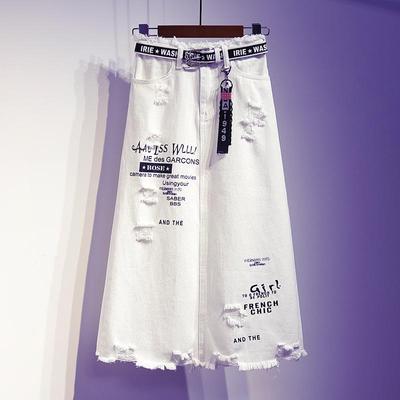 Letter Print Women Skirt High Waist Female Long Skirt Plus Size Women Hole Denim Skirt 5XL