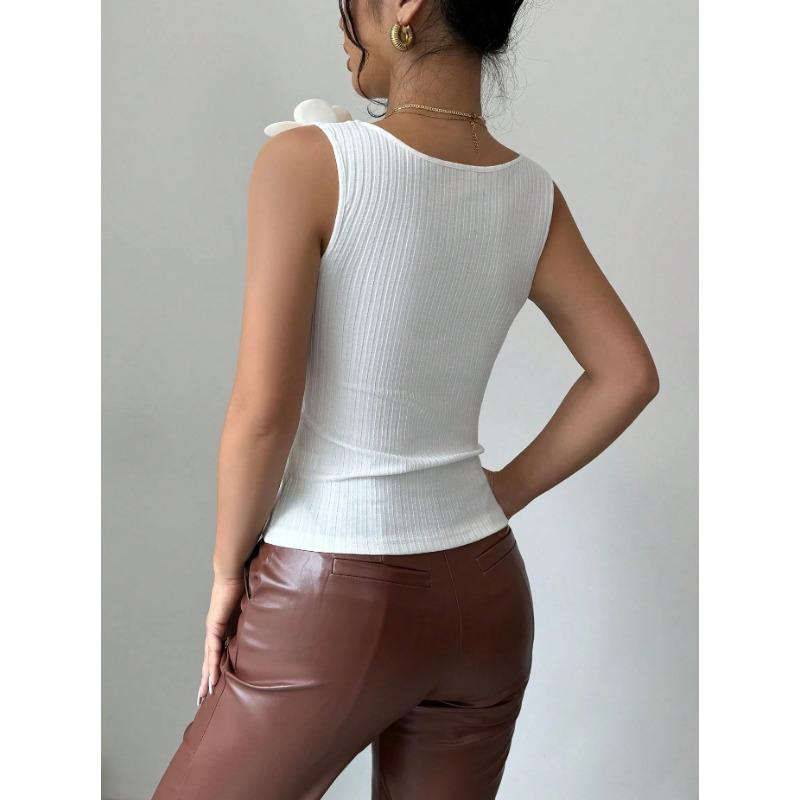 Gilet Femme Nouveau Style Été Décontracté Tricoté Sans Manches Décoré de Fleurs Tridimensionnelles