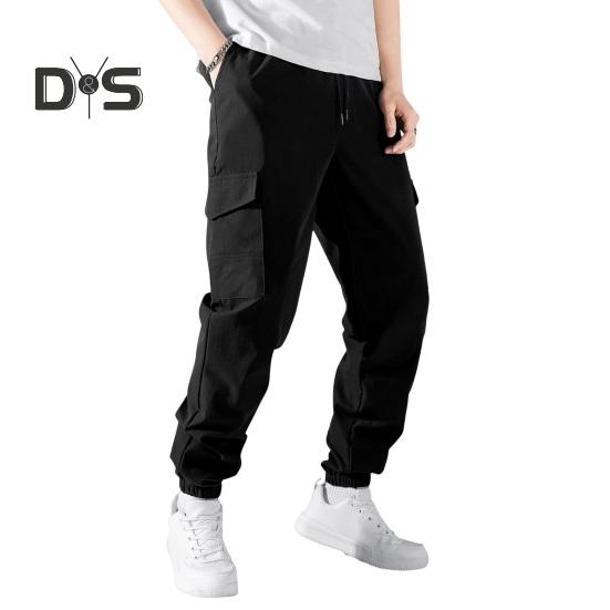 

Мужские брюки-карго на шнурке с эластичной резинкой на талии, однотонные свободные спортивные брюки с карманами на щиколотке, повседневные брюки для повседневной носки M чёрный