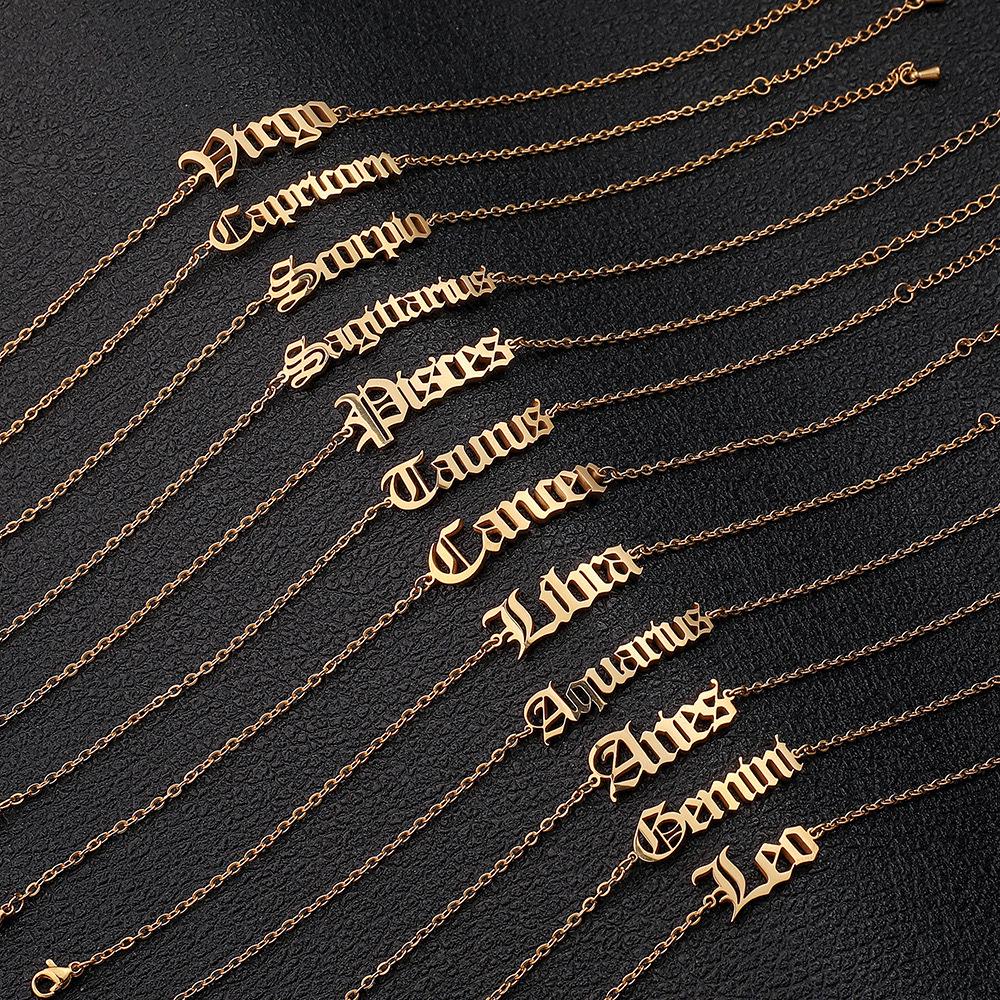 12-Piece Retro European & American Bracelet Set with Constellation Pendants and English Letters - Unisex Fashion Accessory