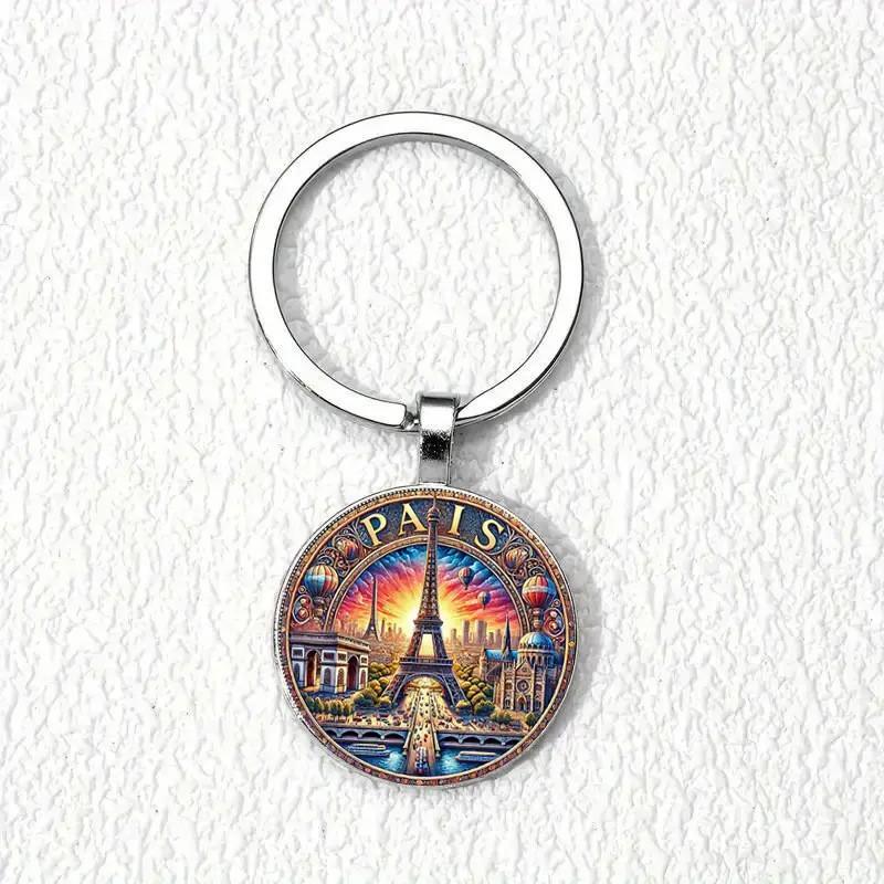 Paris Dusk Scene Keychain With Glass Alloy Pendant For Gift And Decor