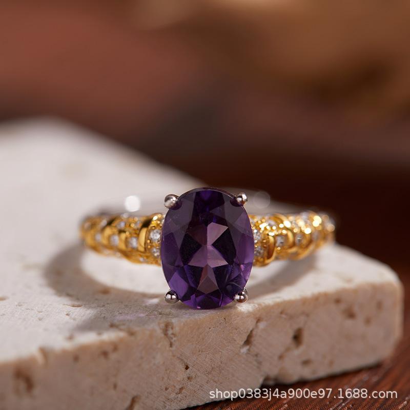 Non-Fading High-End S925 Sterling Silver 18K Gold Natural Amethyst Lucky Treasure Ring Women'S Simple Jewelry
