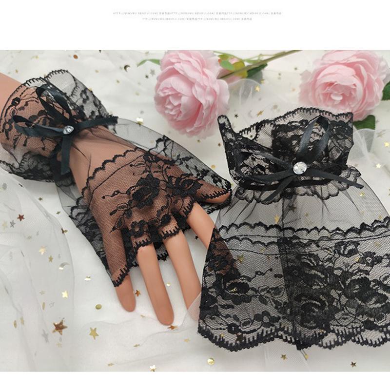 Sexy Lace Bride Wedding Wrist Cuffs Short Mesh Bowknot Fingerless Gloves Elastic Hand Sleeves Prom Accessories For Women