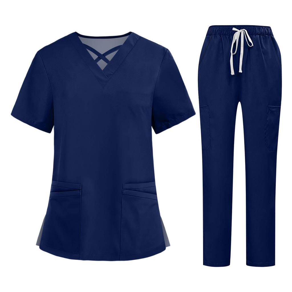 Soild Scrub Working Uniform Suit For Women's Cross V-Neck Short Sleeve Fun T-Shirts Workwear Tee With Pockets