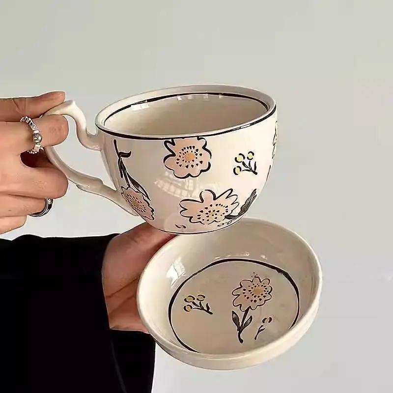 

Green Lily Coffee Cups with Lid Creative Large-capacity Water Mugs Retro Multi-functional Breakfast Milk Cup and Yogurt Bowl New