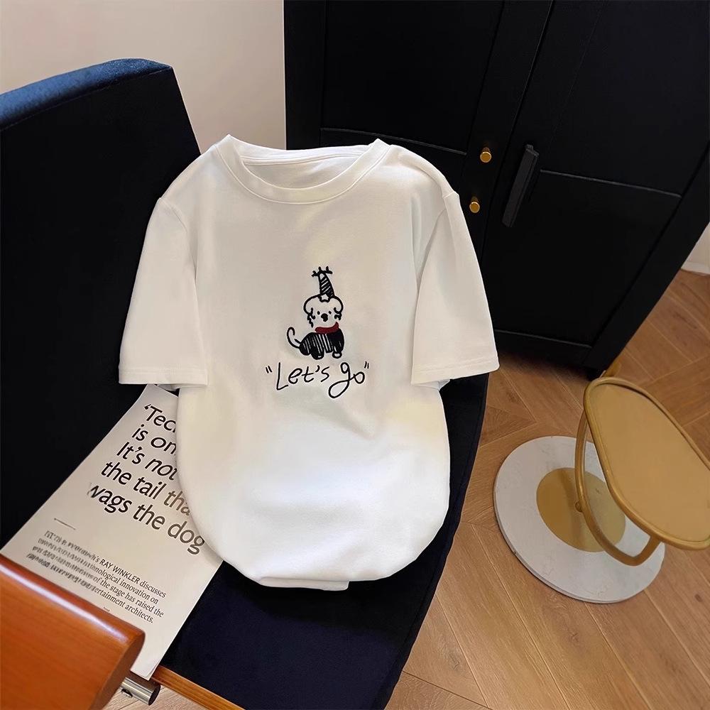 

Women s White Embroidered Puppy Short Sleeve T-shirt - Spring 2025 Casual Top M
