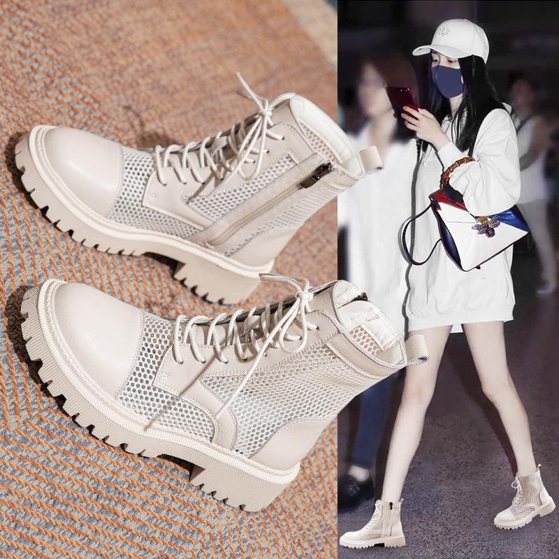 Letnie Botki Damskie Skóra Naturalna Siateczka Chłodzące Botki Gruba Podeszwa Oddychające Buty Damskie Wycinane Siateczkowe Krótkie Botki Sandały