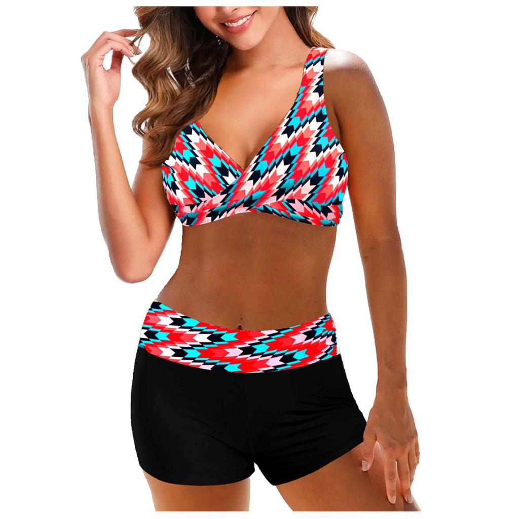 Modischer geteilter Damen-Bikini mit hoher Taille, bedruckt, mit BH-Einlagen und Badeanzug ohne Stahl-BH